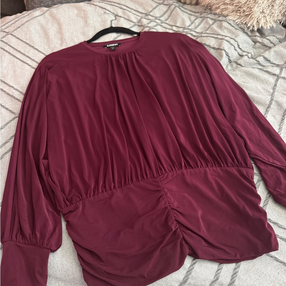Express Burgundy Wine Oversized Ruched Blouse, Small
